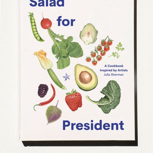 Cookbook cover with various illustrated fruits and vegetables