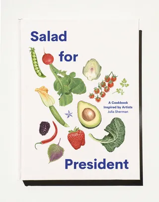 Cookbook cover with various illustrated fruits and vegetables