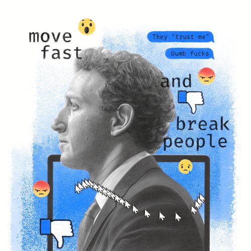 Portrait of Mark Zuckerberg with social media icons and text