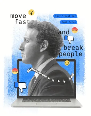 Portrait of Mark Zuckerberg with social media icons and text