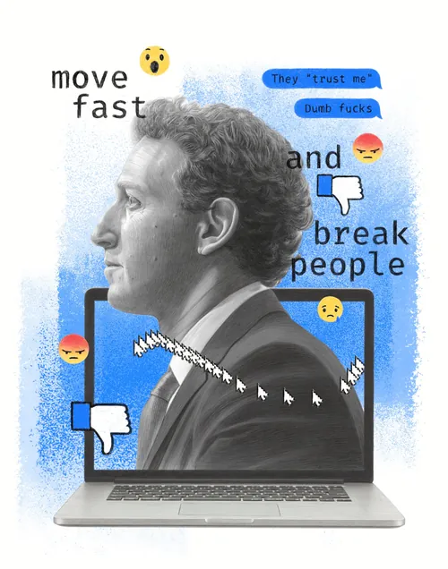 Portrait of Mark Zuckerberg with social media icons and text