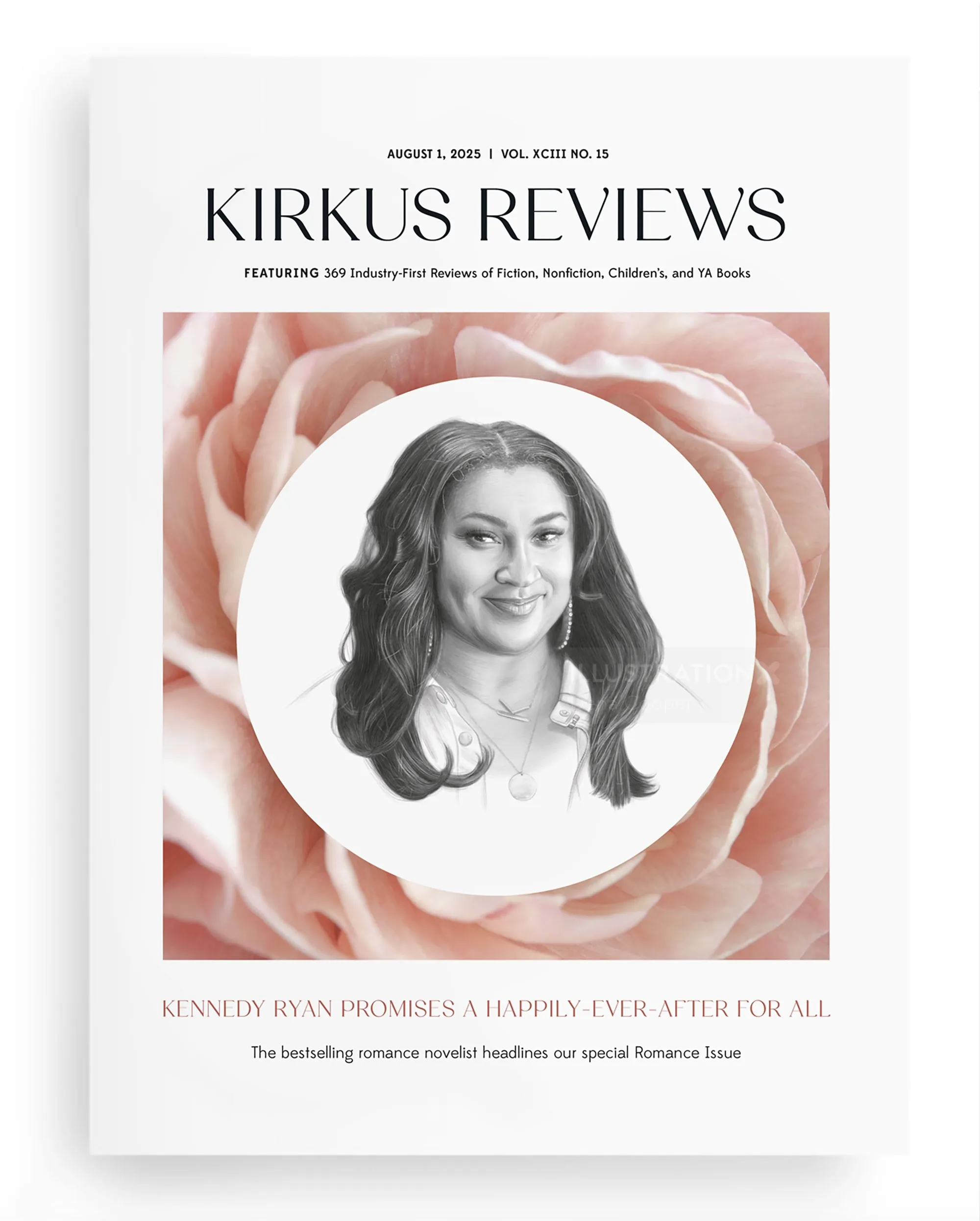 Portrait of Kennedy Ryan on Kirkus Reviews cover with pink rose background