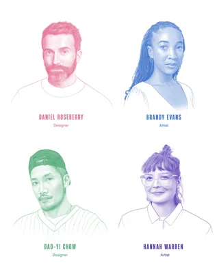 Portraits of four diverse contributors with names and roles
