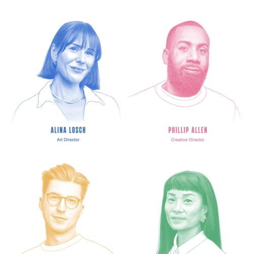 Colorful portraits of four creative directors with names and titles