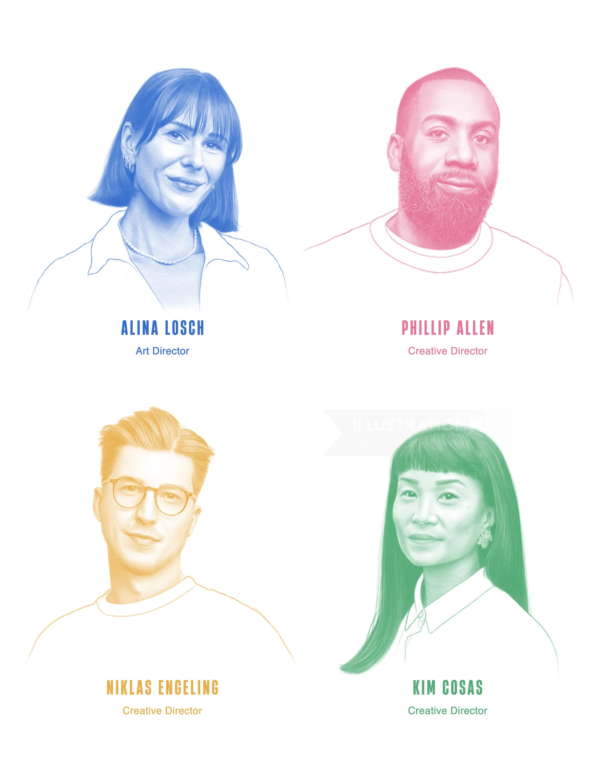 Colorful portraits of four creative directors with names and titles