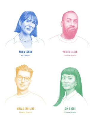 Colorful portraits of four creative directors with names and titles