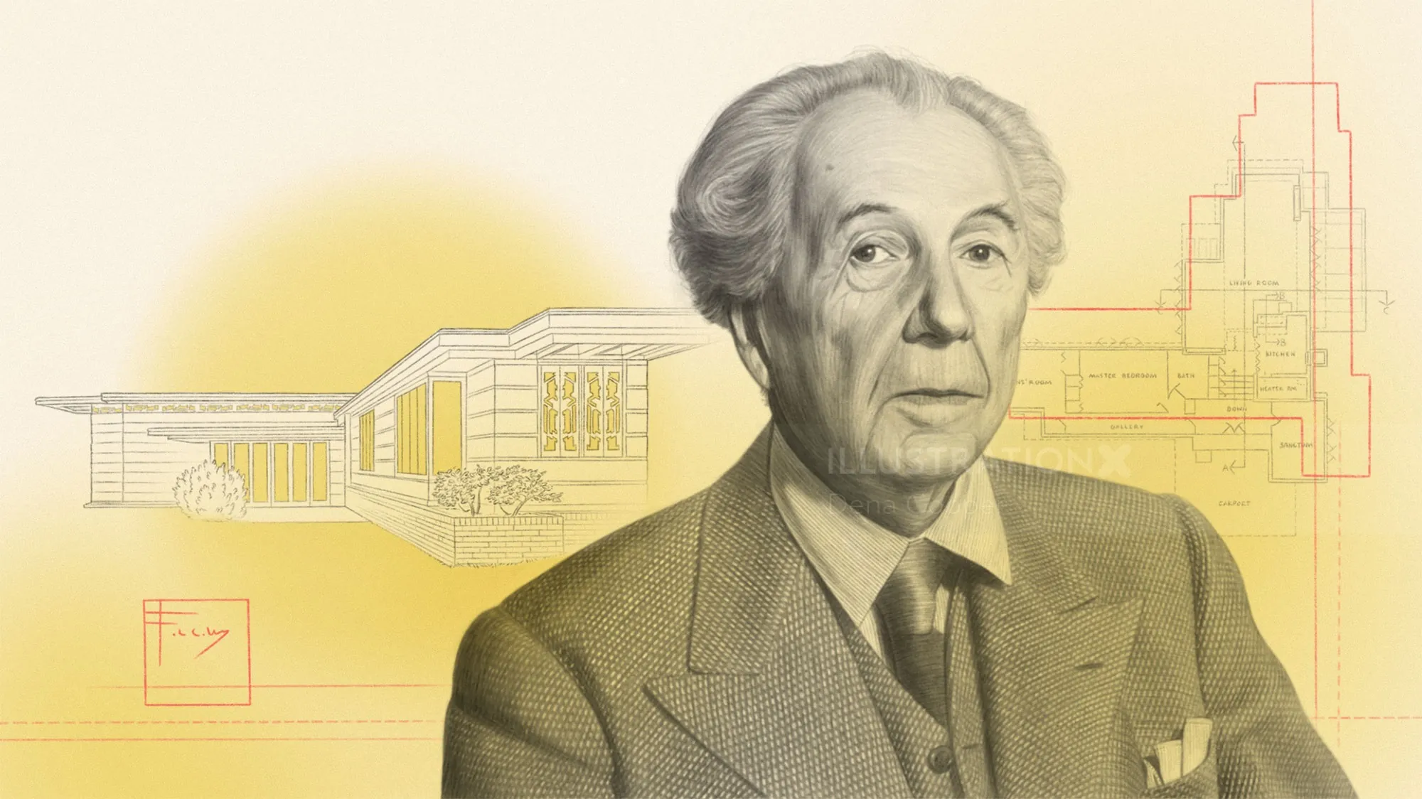 Portrait of Frank Lloyd Wright with Usonian house drawing by Dena Cooper
