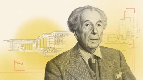 Portrait of Frank Lloyd Wright with Usonian house drawing by Dena Cooper