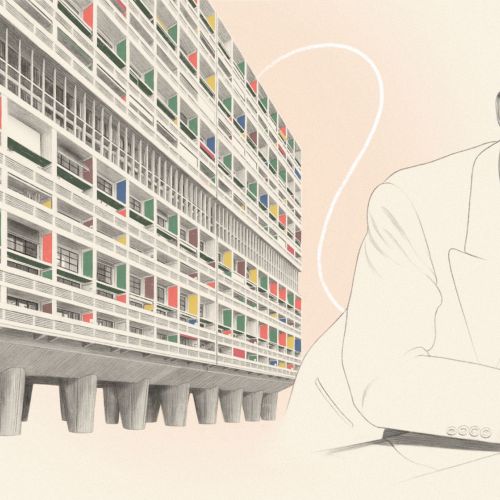 Portrait of architect Le Corbusier holding a model of Unite d'Habitation by Dena Cooper