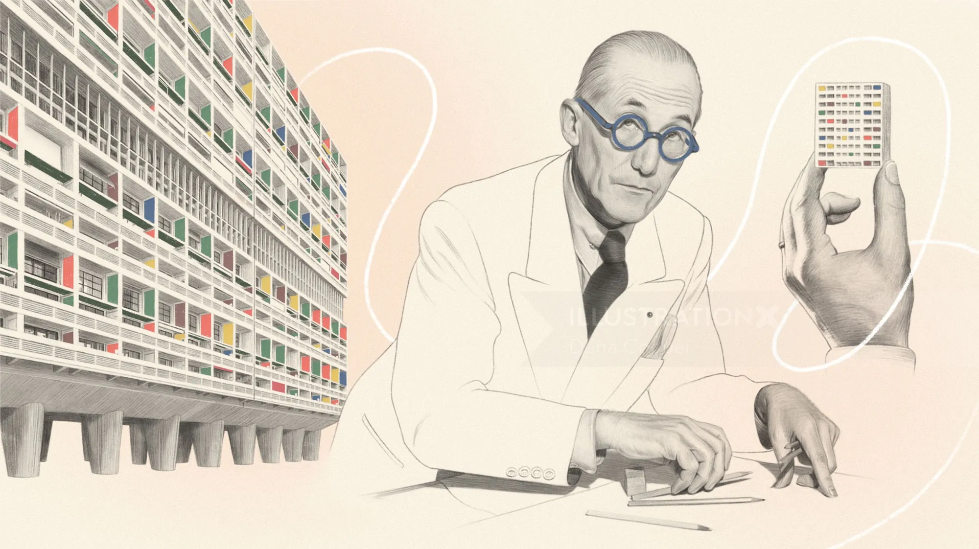Portrait of architect Le Corbusier holding a model of Unite d'Habitation by Dena Cooper