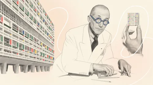 Portrait of architect Le Corbusier holding a model of Unite d'Habitation by Dena Cooper