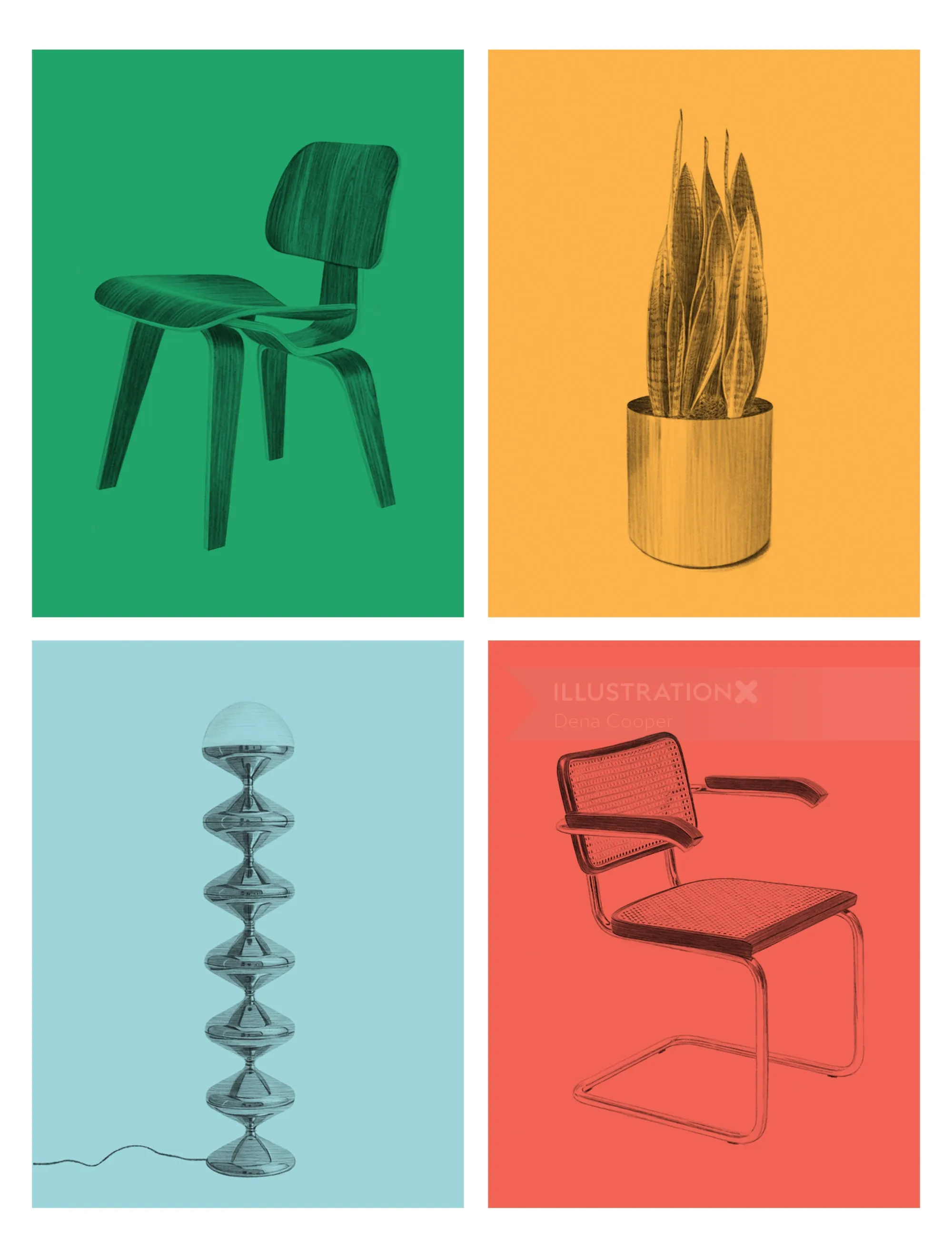 Green chair, potted plant, sculptural lamp, and red chair by Dena Cooper