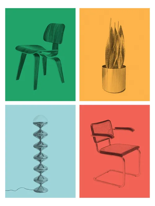 Green chair, potted plant, sculptural lamp, and red chair by Dena Cooper