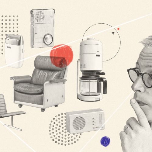 Portrait of Dieter Rams with Braun and Vitsoe product designs by Dena Cooper