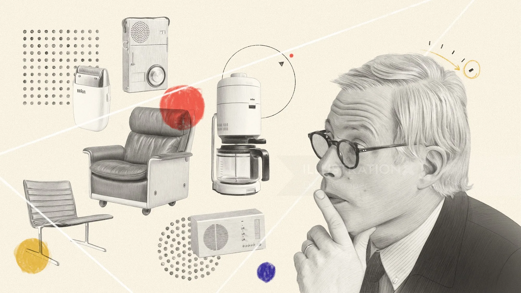 Retrato de Dieter Rams com designs de produtos da Braun e da Vitsoe por Dena Cooper