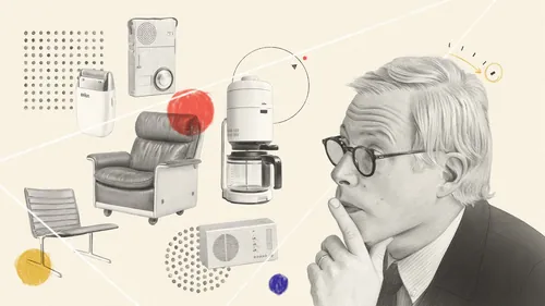 Retrato de Dieter Rams com designs de produtos da Braun e da Vitsoe por Dena Cooper
