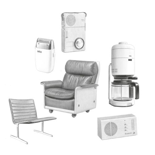 Illustration of Braun and Vitsoe designed items by Dena Cooper