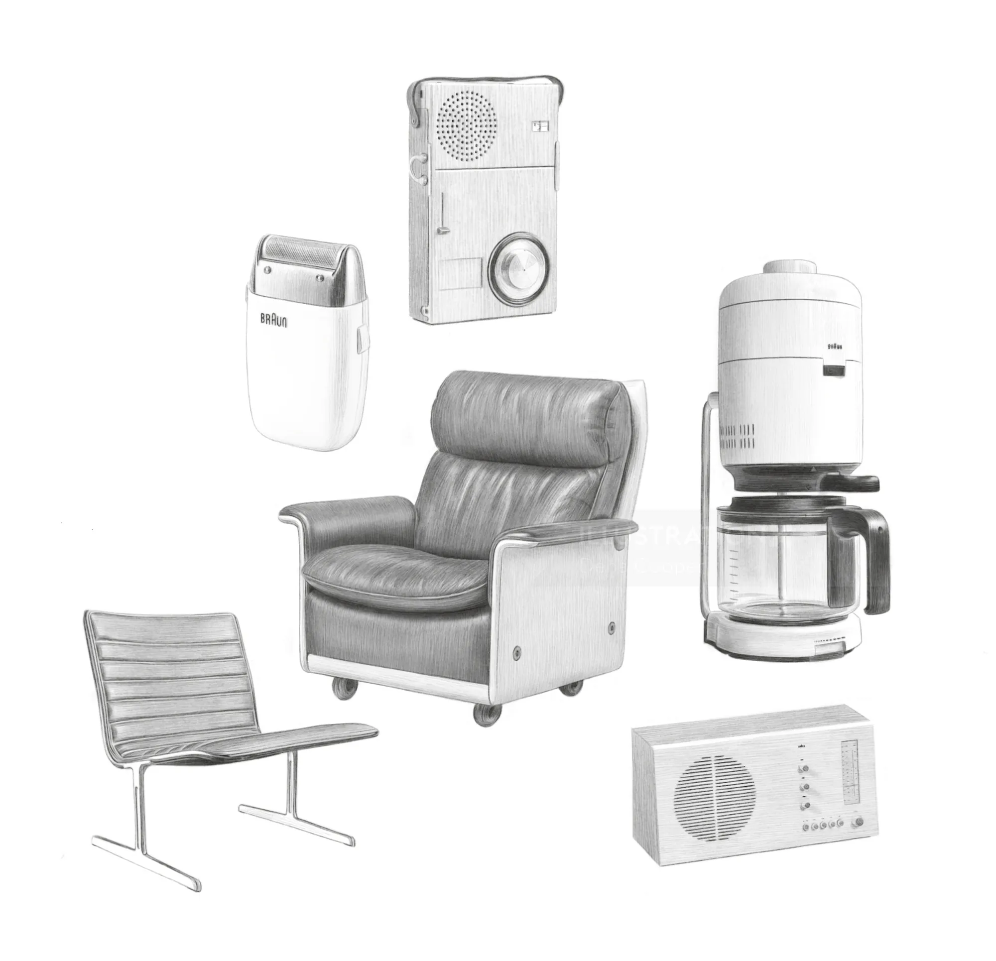 Illustration of Braun and Vitsoe designed items by Dena Cooper
