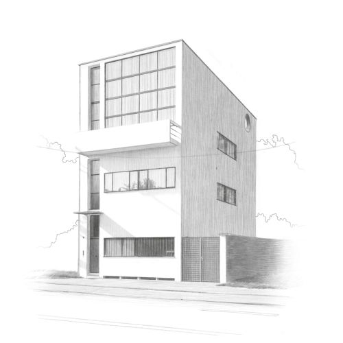 Pencil sketch of a modern house designed by Corbusier by Dena Cooper
