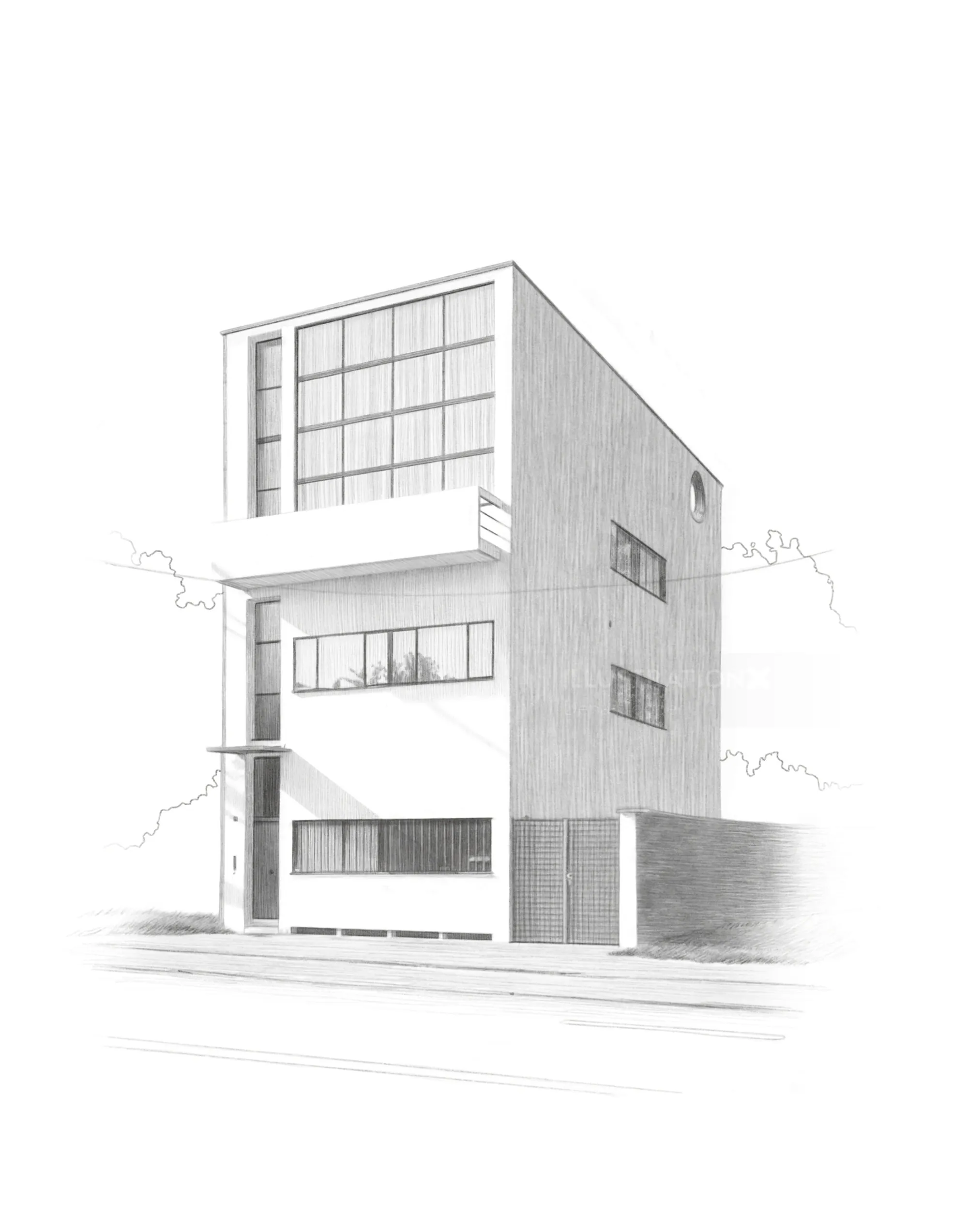 Pencil sketch of a modern house designed by Corbusier by Dena Cooper