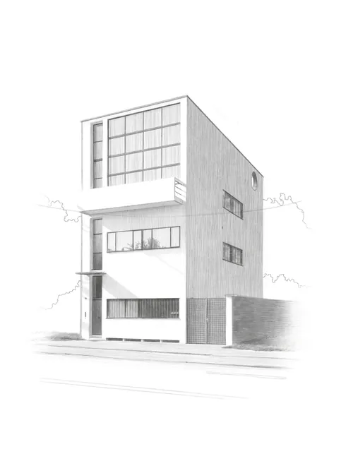 Esboço a lápis de uma casa moderna projetada por Le Corbusier por Dena Cooper