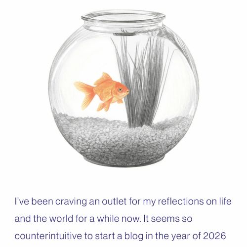 Pencil drawing of goldfish swimming in a glass fishbowl by Dena Cooper