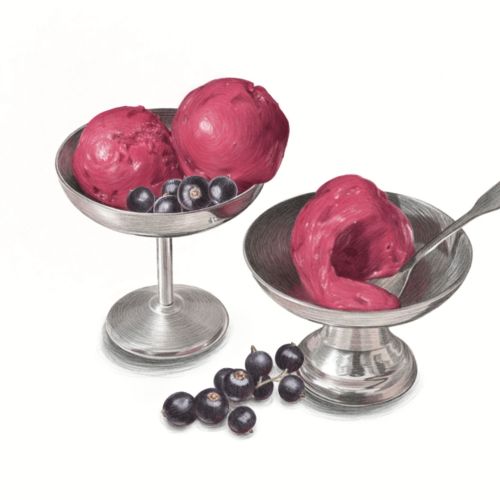Black currant ice cream scoops in silver coupe dishes by Dena Cooper