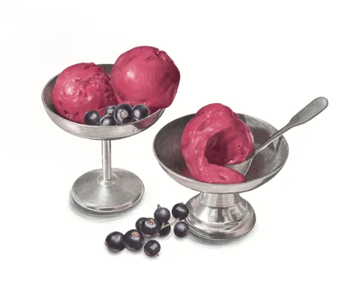 Black currant ice cream scoops in silver coupe dishes by Dena Cooper