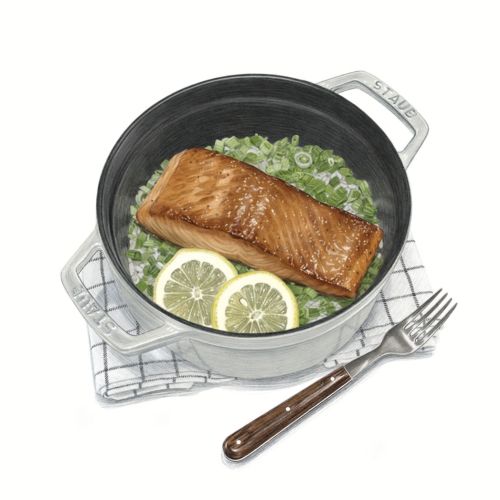 Roasted salmon with lemon slices in a pot by Dena Cooper