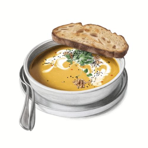 Illustration by Dena Cooper of roasted pumpkin soup with sourdough bread