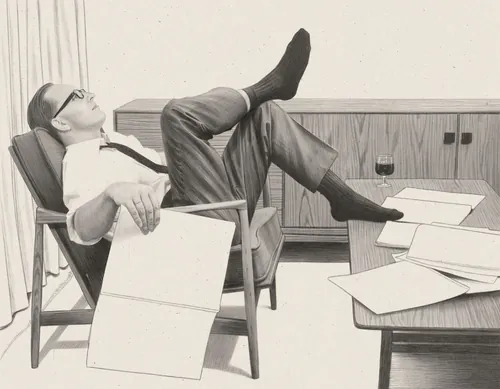 Dena Cooper illustration of Ib Kofod Larsen relaxing among teak furniture