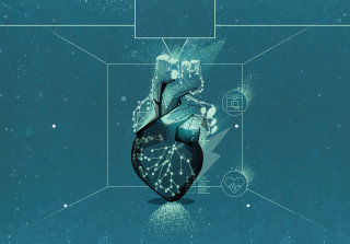 Coração médico em holograma no futuro
