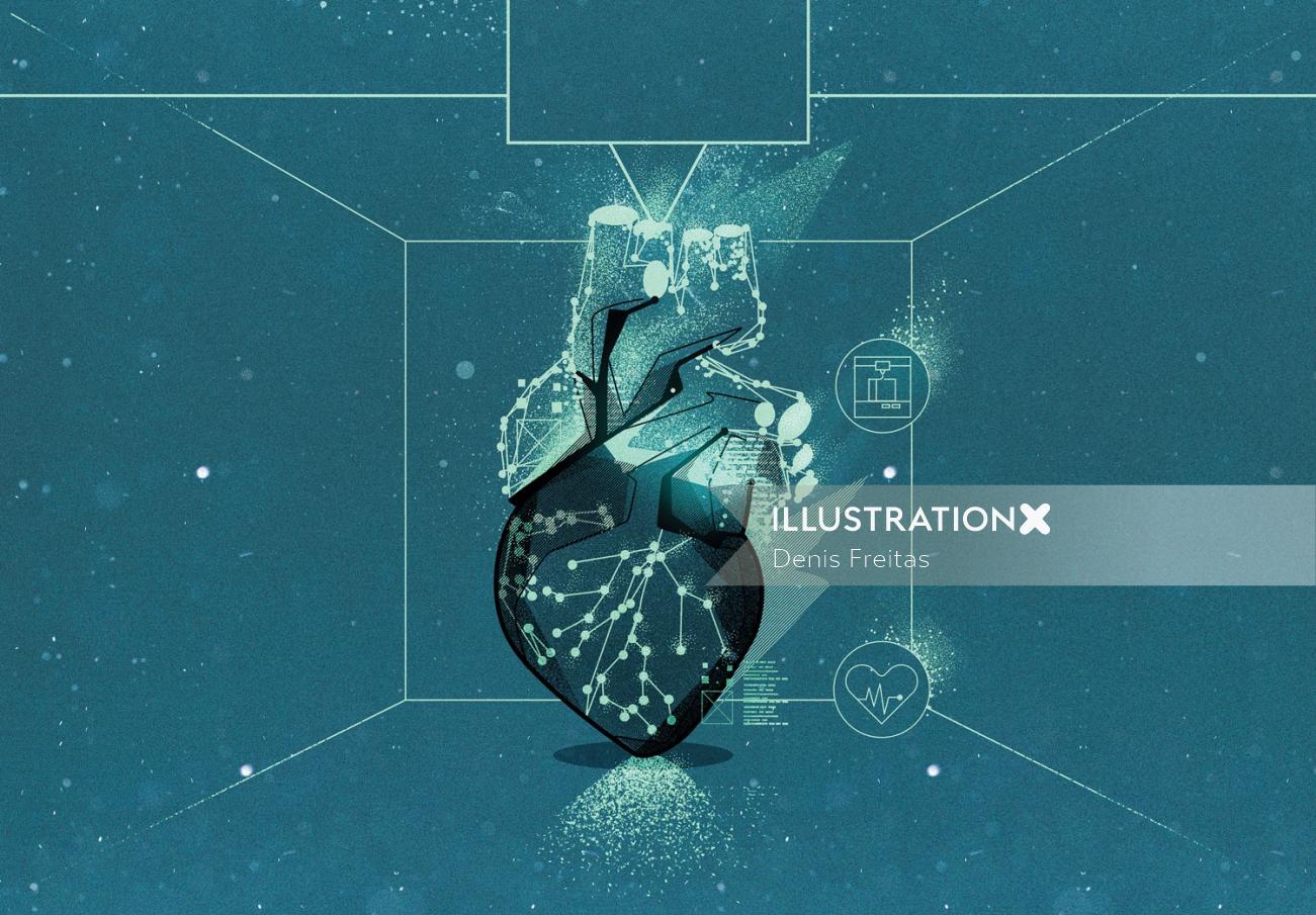 Coração médico em holograma no futuro