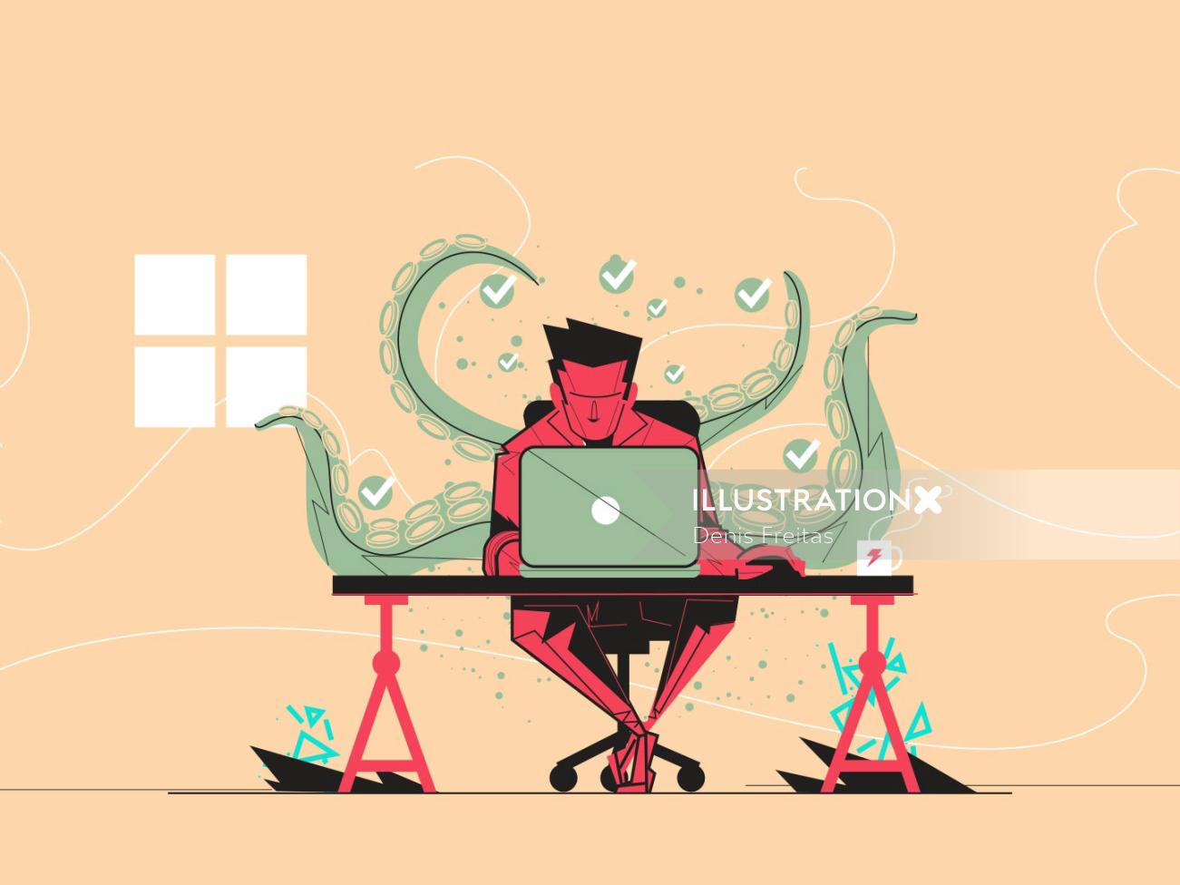 hombre atrapado con su computadora portátil
