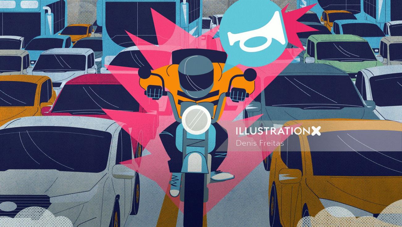 Graphic illustration of biker in traffic
