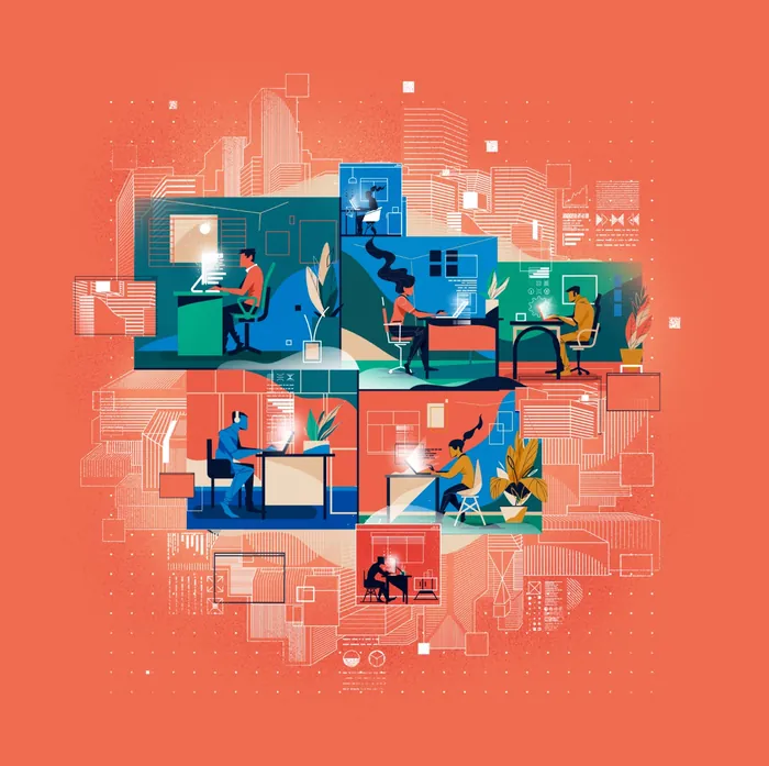 People working in separate home offices connected digitally by Denis Freitas