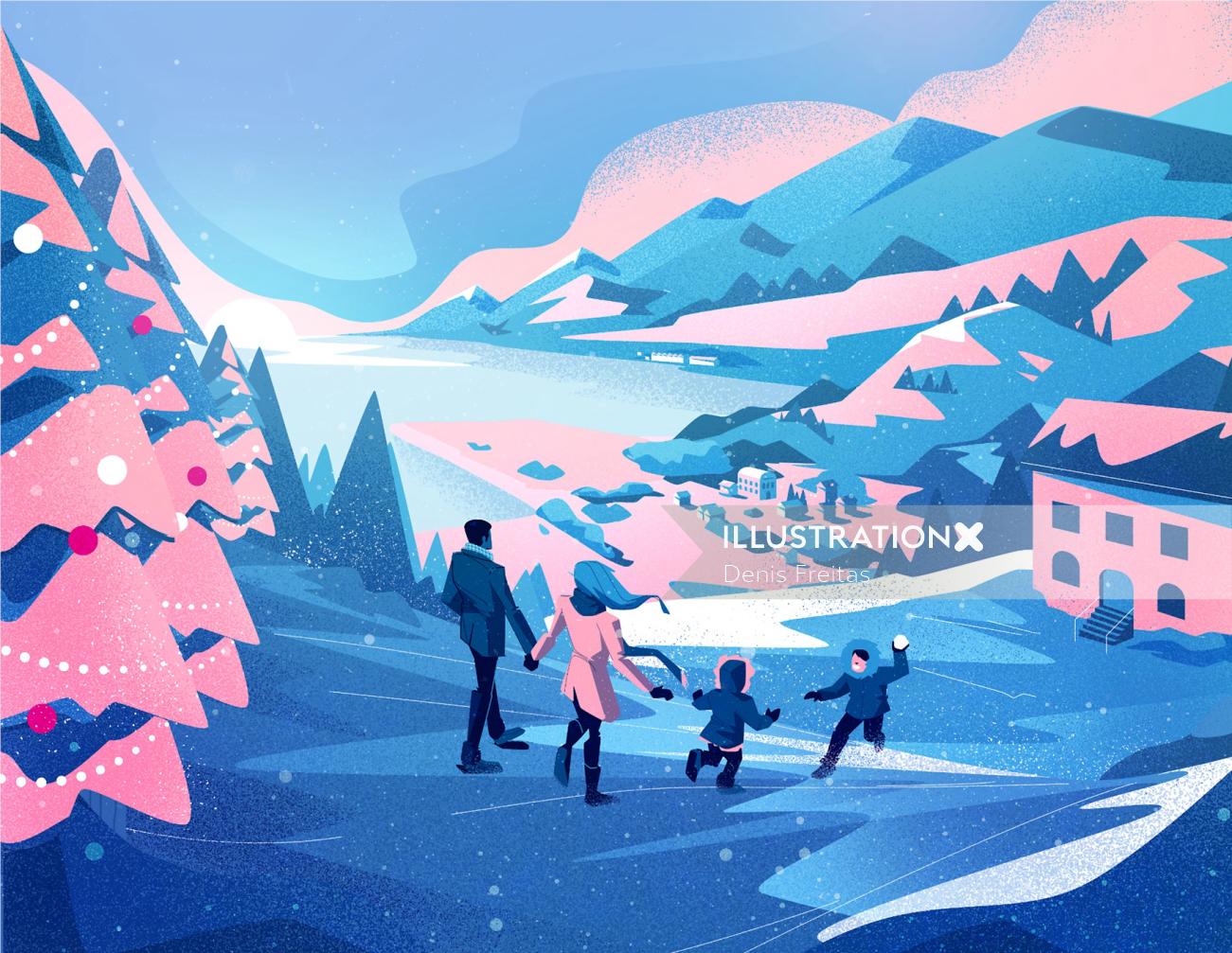 雪のゲームで楽しむグラフィック家族