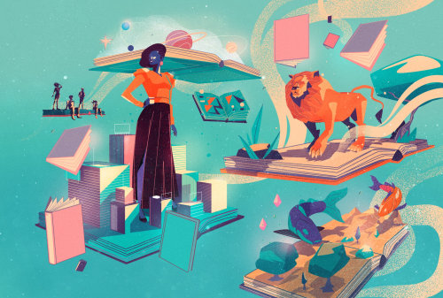 Graphic woman and lion in a space and books setting