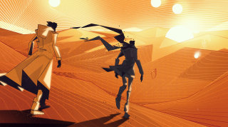 Graphic people walking in desert