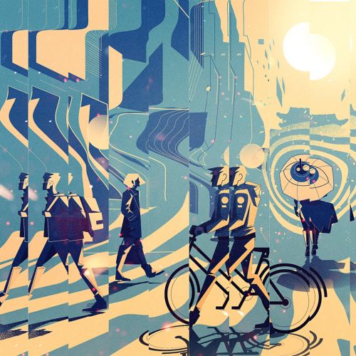 Graphic people with bicycles
