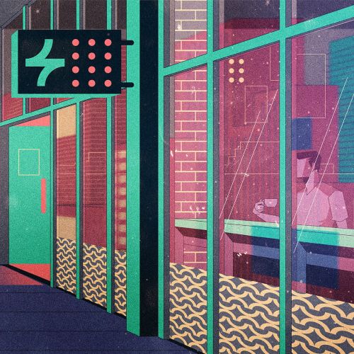 Digital cafe scene with people inside viewed through large glass windows by Denis Freitas.