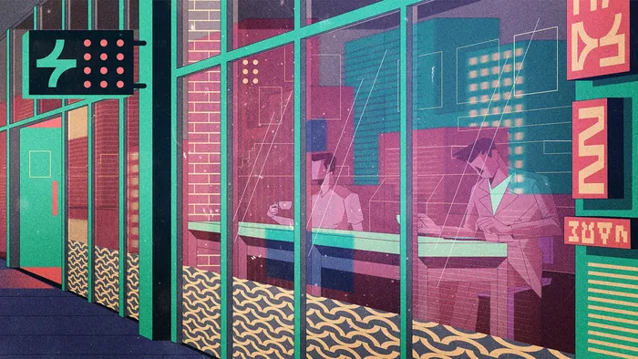 Digital cafe scene with people inside viewed through large glass windows by Denis Freitas.
