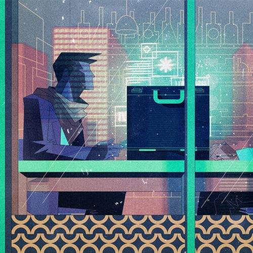 Two men in suits discussing business in a modern office with city skyline, by Denis Freitas