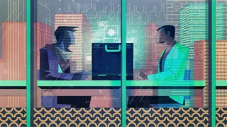 Two men in suits discussing business in a modern office with city skyline, by Denis Freitas