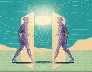 Two futuristic figures walk towards glowing portal symbolizing emerging technologies by Denis Freita