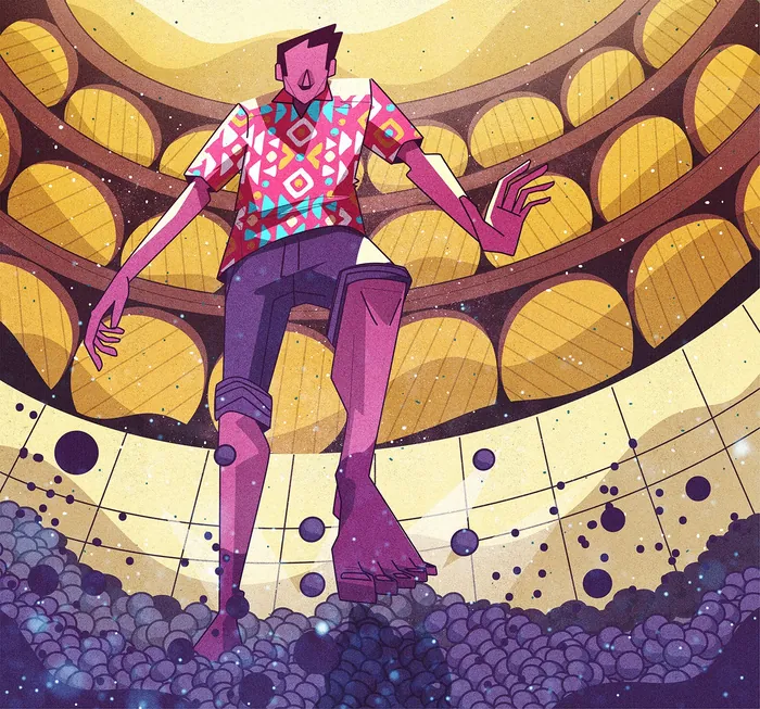 Person stomping grapes inside large wine barrel ceiling by Denis Freitas