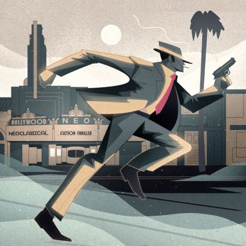 Stylized man running with gun in 1940s Hollywood scene by Denis Freitas