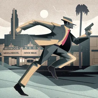 Stylized man running with gun in 1940s Hollywood scene by Denis Freitas
