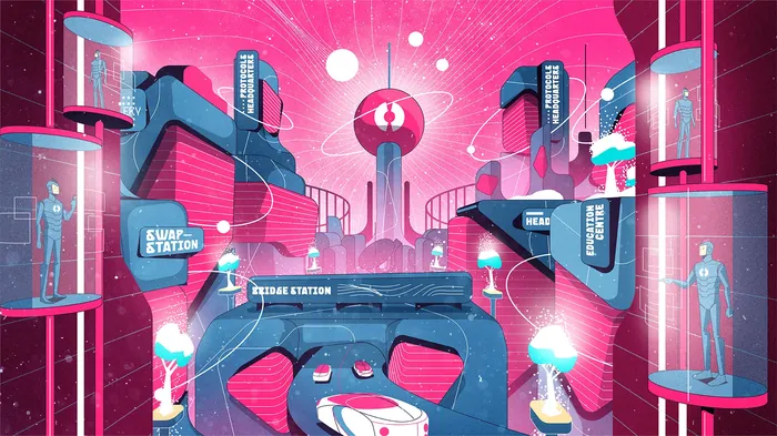 Futuristic cityscape with neon lights and technology elements by Denis Freitas