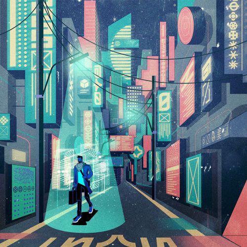 Futuristic city street illuminated by neon signs and digital billboards by Denis Freitas